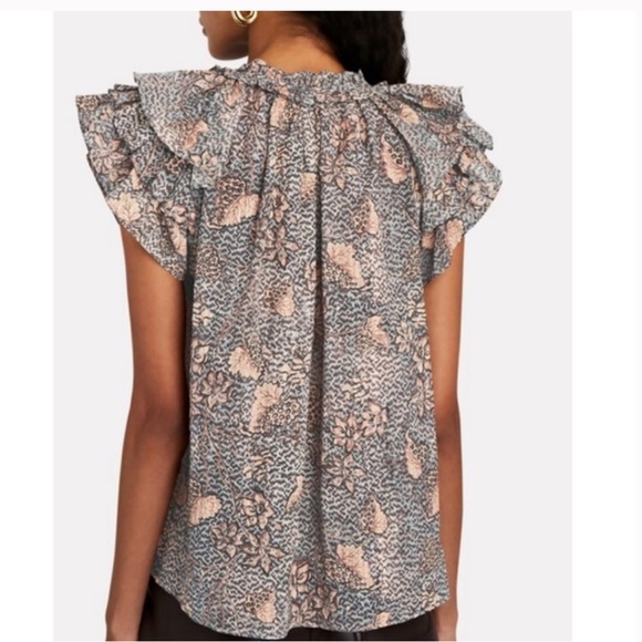 ULLA JOHNSON Alva Ruffled Printed Cotton-Blend‎ Top in Aegean Size 2 - Picture 4 of 10